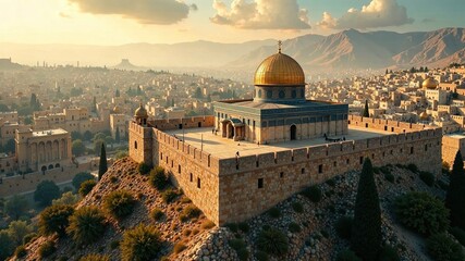 Fototapeta premium Hebron City Center Aerial with Tomb of Patriarchs - Stunning Drone Shot