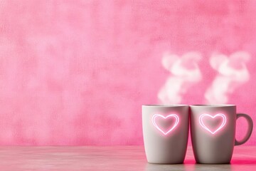 Two mugs with heartshaped steam, set against a glowing pink neon background, digital painting, romantic vibe, soft and warm tones