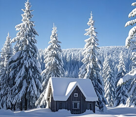 Naklejka premium Winter panorama landscape with a snow-covered forest and trees at sunrise. A winter morning marking the beginning of a new day. Winter landscape with sunset, panoramic view.