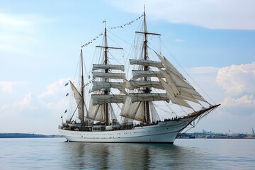 A majestic tall ship sailing on calm waters.