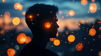 Fototapeta premium Silhouette of a man with glowing lights and a cityscape in the background.