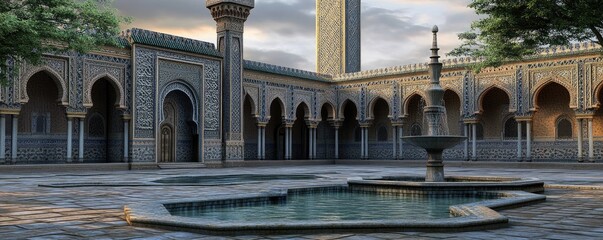 Naklejka premium A serene courtyard featuring intricate architecture, a fountain, and lush greenery.