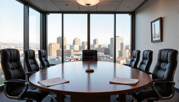 Elegant conference room with a round table and city view, professional setting, copy space
