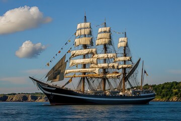 Naklejka premium A majestic tall ship sailing on calm waters.