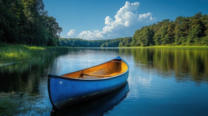 Obraz premium A serene blue canoe floats on a calm lake surrounded by lush greenery and a clear sky.
