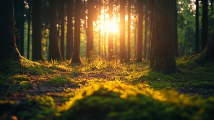 Obraz premium Golden light filters through the trees in a dense forest at sunset.