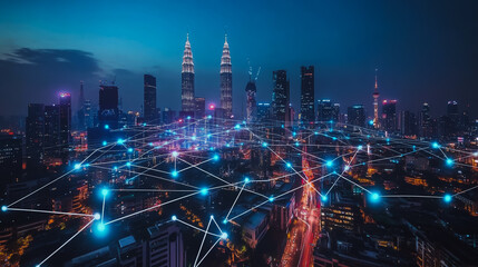 Smart digital city with connection cyber security network reciprocity over the cityscape . future smart wireless digital city and social media networking systems that connects people within the city