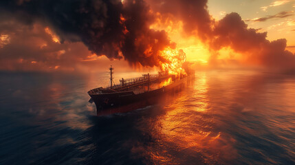 Fototapeta premium Tanker burns fiercely as flames and smoke rise, polluting ocean waters at sunset
