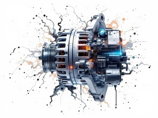 High-res alternator with voltage regulator, double-exposed photo.