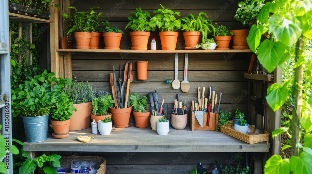 Poster a pristine garden shed with neatly arranged tools and pots, a bright, sunlit space with clean work s