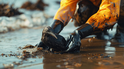 Volunteer cleans oil-stained bird on beach while wearing gloves amid environmental disaster