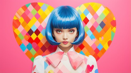Fototapeta premium Young woman with blue bob hairstyle poses against a vibrant heart-shaped background featuring colorful geometric patterns and a playful design full of hearts and squares.