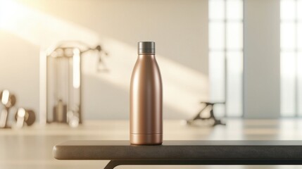 Minimalist mocha mousse water bottle on table gym interior modern sleek lifestyle