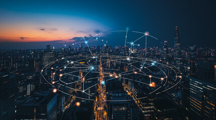 Fototapeta premium Smart digital city with connection cyber security network reciprocity over the cityscape . future smart wireless digital city and social media networking systems that connects people within the city