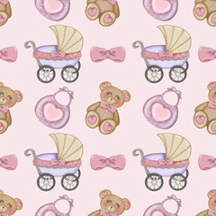 Baby girl cute bear seamless pattern hand drawn on pink color background, Children's design. Ideal for children's textiles.