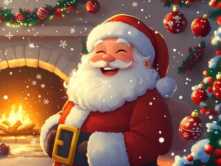 Joyful Santa Claus Figure Surrounded by Festive Christmas Decor in Lighthearted Cartoon Style