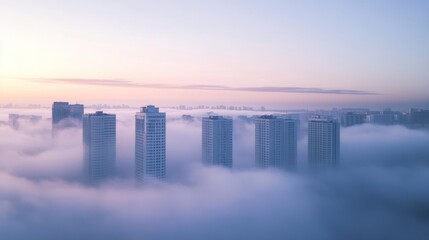 Fototapeta premium A serene cityscape emerging from thick fog at dawn, showcasing urban architecture and tranquility.