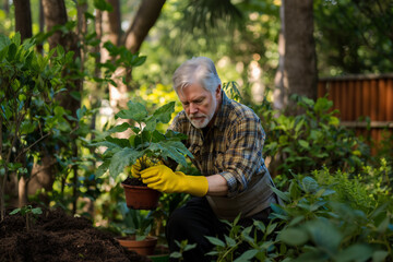 Elderly Gardener Tending Plants
