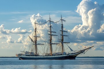Obraz premium A majestic tall ship sailing under a blue sky.