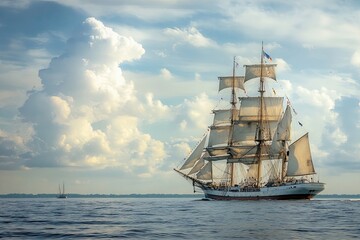 A majestic tall ship sailing under a cloudy sky.