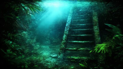 Submerged Staircase in Lush Underwater Grotto