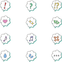 ドロップシャドウ付きの丸いもくもく吹き出しと感情の絵文字のイラストセット