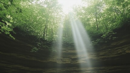 Obraz premium Sunbeams Illuminate Cave's Lush Green Canopy