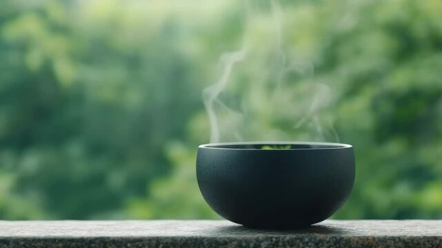 Steaming black ceramic bowl on blurred green background. Minimalist style. Hot drink concept. For menu and cafe.