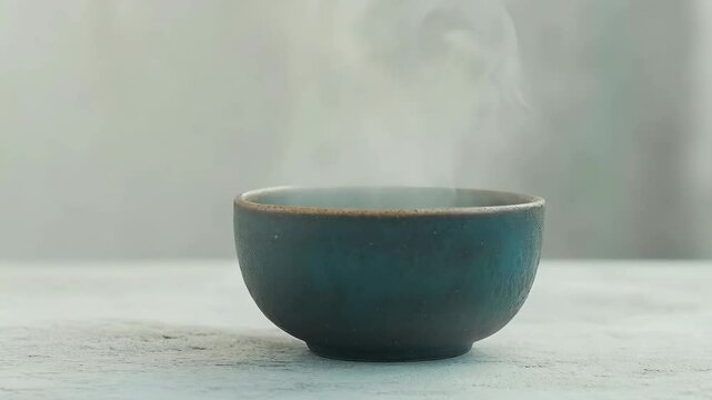 Steaming hot tea in ceramic bowl on light background. Minimalist style. Relaxation concept. For menu or spa.
