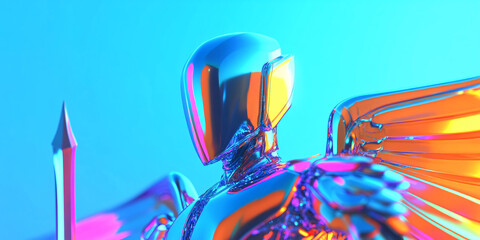 beautiful angel wearing a chrome suit, futuristic lights up and studded with silver crystals ,shining silver wings, long silver glistening gothic looking sword