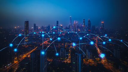 Fototapeta premium Smart digital city with connection cyber security network reciprocity over the cityscape . future smart wireless digital city and social media networking systems that connects people within the city