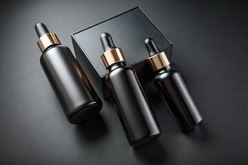 Black Moody Cosmetics Packaging Mockup: Dropper Bottles & Branding Elements on Black Background - Drone Aerial View