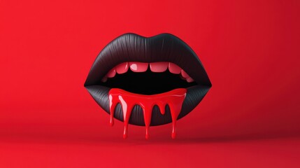 Naklejka premium Sexy Vampire Woman lips with blood,Dripping blood on mouth, witches or beast creatures,female lips with fangs,horror holiday monsters,Vampire makeup Fashion Art design,Halloween banner background.