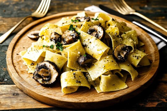 Savory handmade pappardelle pasta with truffle oil and mushrooms rustic kitchen culinary delight warm atmosphere close-up gourmet experience