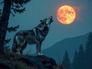 Howling Wolf Moonlit Landscape - AI Photorealistic