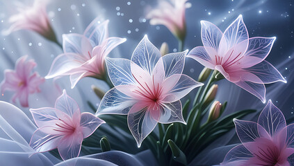 Fototapeta premium A beautiful spectrum of Alstroemerias flowers with delicate, translucent petals illuminated by soft light. Created with generative AI