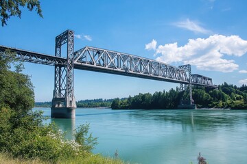 Fototapeta premium Exploring the beauty of a steel bridge spanning a river serene landscape in clear skies architectural marvel in an industrial design concept captured from a scenic viewpoint