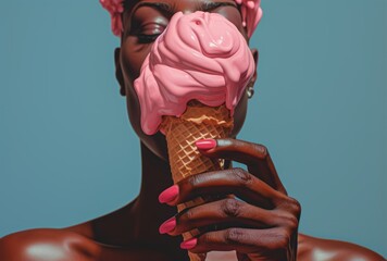 Young Woman with Pink Ice Cream Cone Emphasizing Bold Makeup, Pink Nails, and Artistic Expression Against a Simple Blue Background