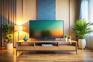 Blank TV Screen on Stand, Modern Home Entertainment, High Depth of Field, 3D Render
