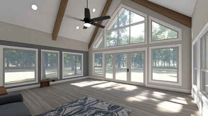 Fototapeta premium Sunlit Living Room with Vaulted Ceiling and Large Windows