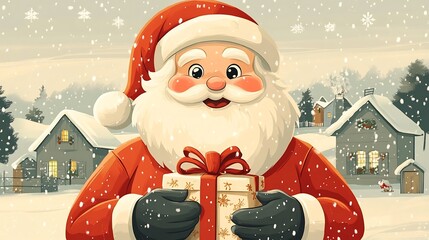 Cute Cartoon Style Santa Claus Holding Wrapped Gift for Festive Seasonal Promotions