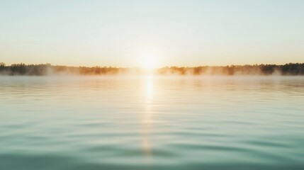 Fototapeta premium Serene sunrise reflection over calm lake nature landscape pastel mint green aesthetic tranquil environment