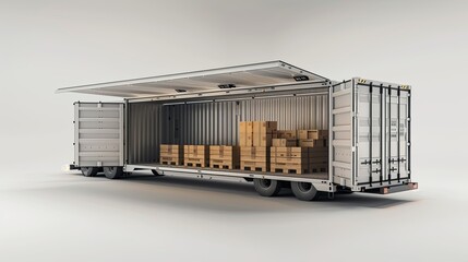 Open-top container trailer loaded with cardboard boxes on pallets for shipping.