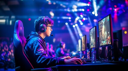 Esports gamer competing in a professional tournament, intense focus on screen.