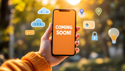 Coming Soon Announcement on Mobile Phone, Hand Holding Smartphone with Coming Soon Message