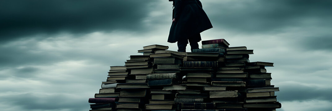 Dark Figure on a Mountain of Books under a Stormy Sky, A Dramatic Illustration of Knowledge and Uncertainty