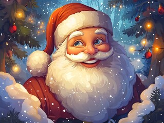 Vibrant Cartoon Style Santa Claus in Cozy Snow Covered Forest Scene