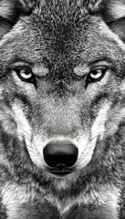 A close-up, monochrome portrait of a wolf, showcasing its intense gaze and features.