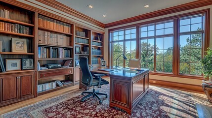 Luxurious Home Office With Large Windows And Extensive Bookcases