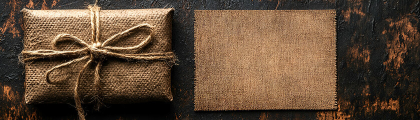 Rustic Gift Wrapped in Burlap with Textured Background